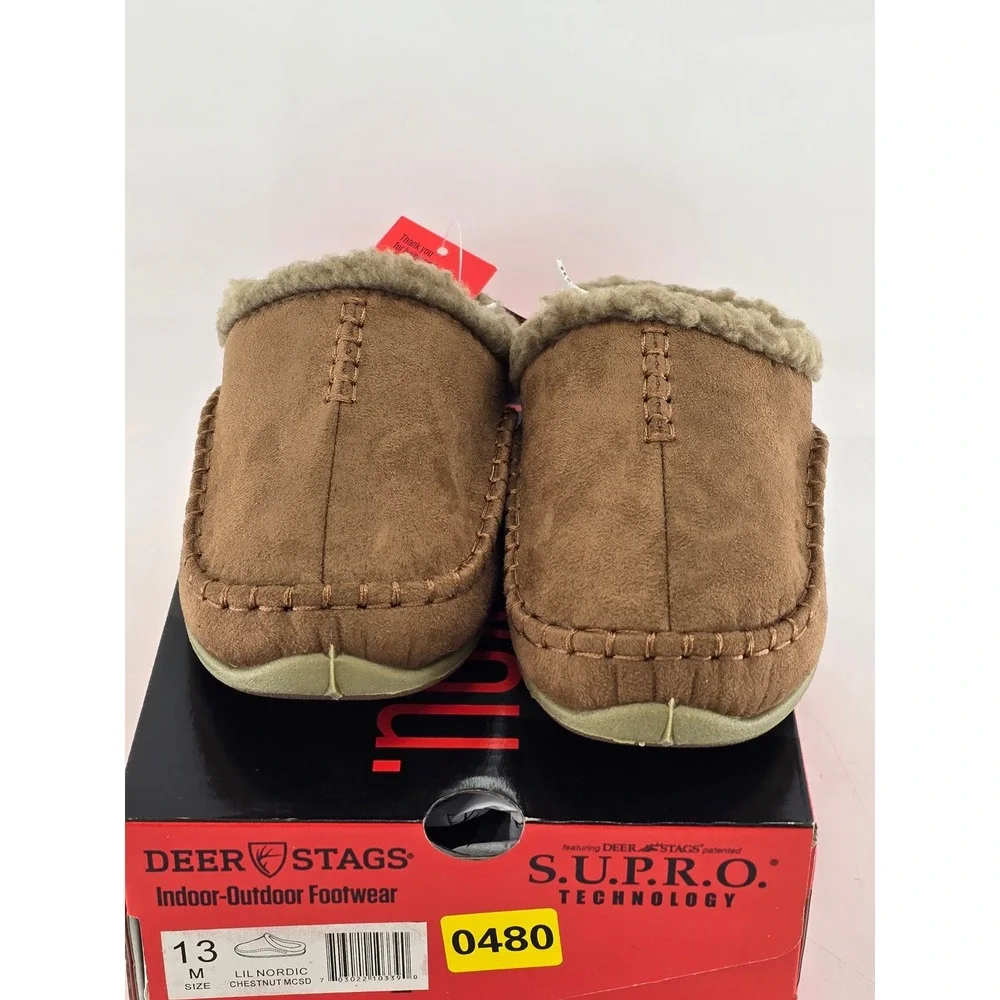 Deer Stags Lil Nordic Kids Size 13 Chestnut Suede Faux Fur Slippers - New